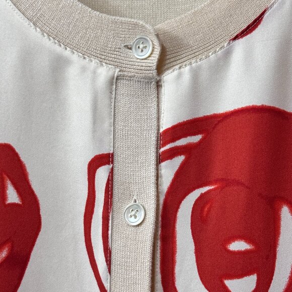 DKNY Women's Silk Sz L Cardigan Sweater Button Up Ivory Front w/Red Roses - Picture 4 of 9